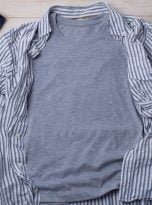 Gray T-shirt mockup with striped shirt and jeans